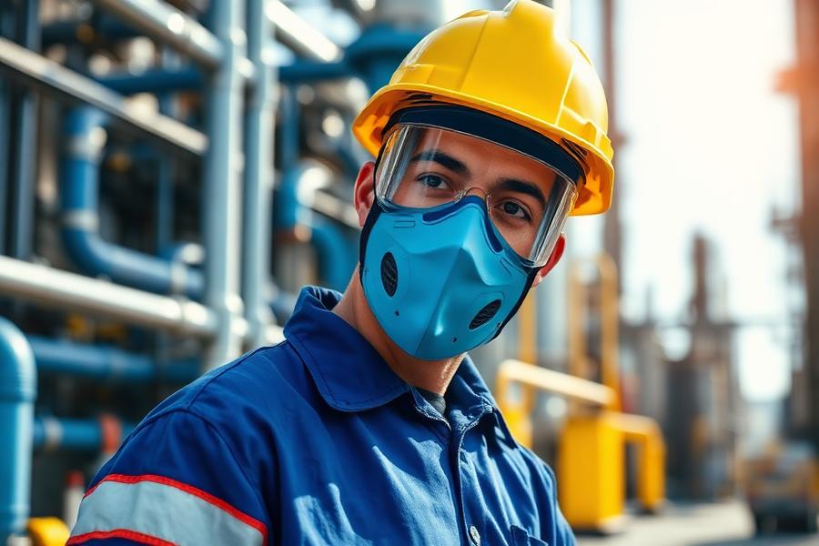 Operador industrial com capacete e máscara de proteção