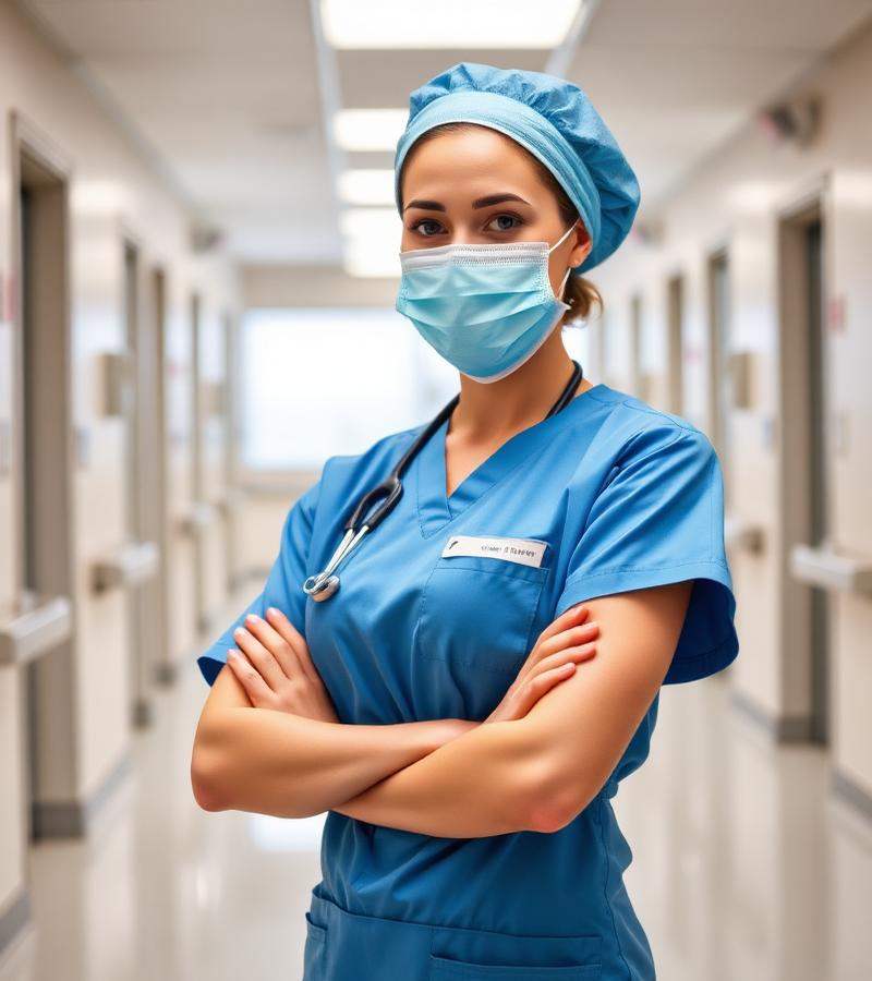 Profissional de enfermagem em corredor hospitalar