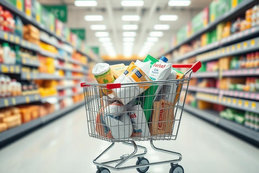 Carrinho de compras com produtos descartáveis em supermercado