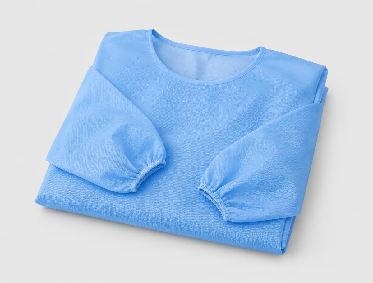 Avental descartável azul claro tipo blusa em TNT, dobrado