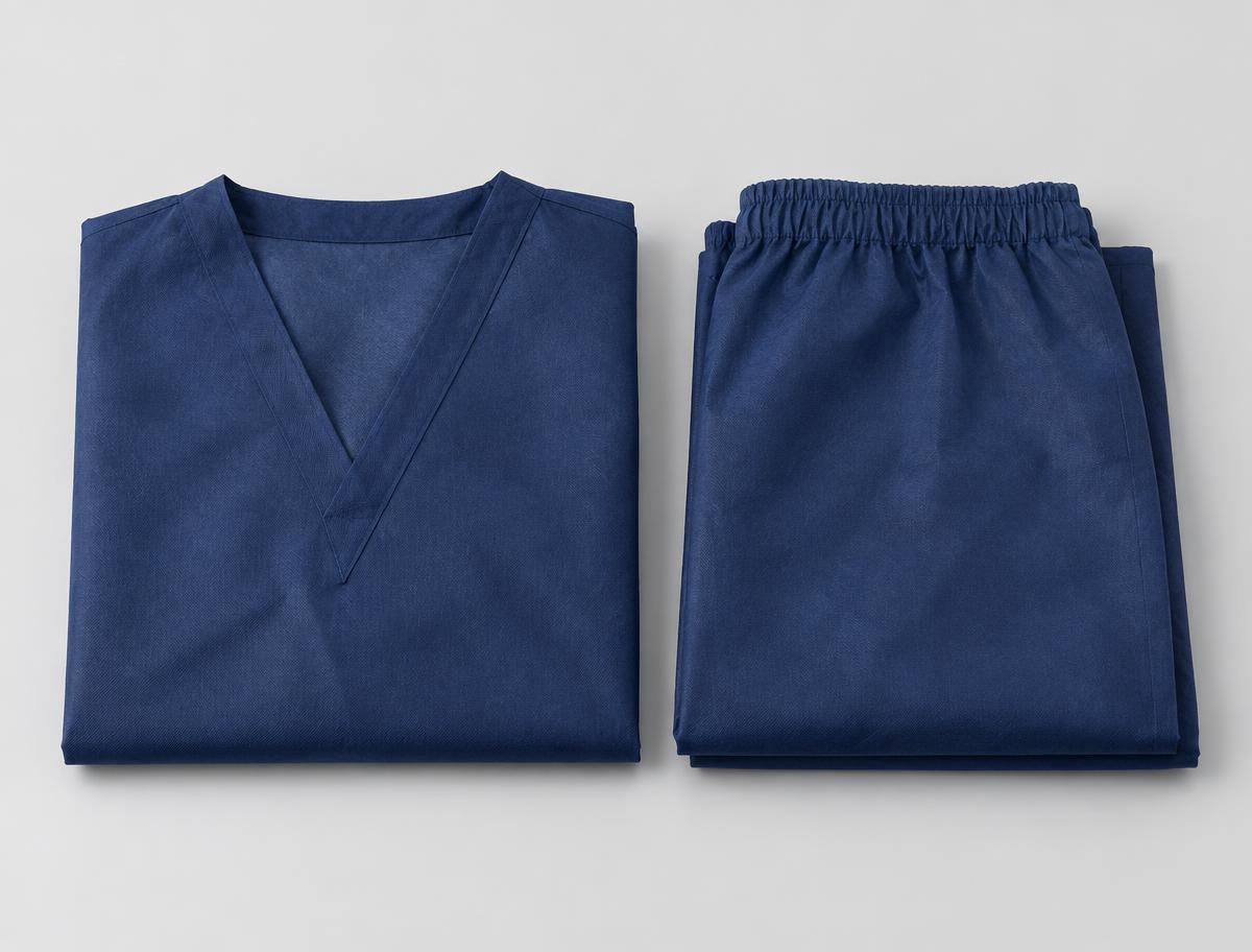 Conjunto descartável azul marinho de blusa e calça em TNT, dobrado