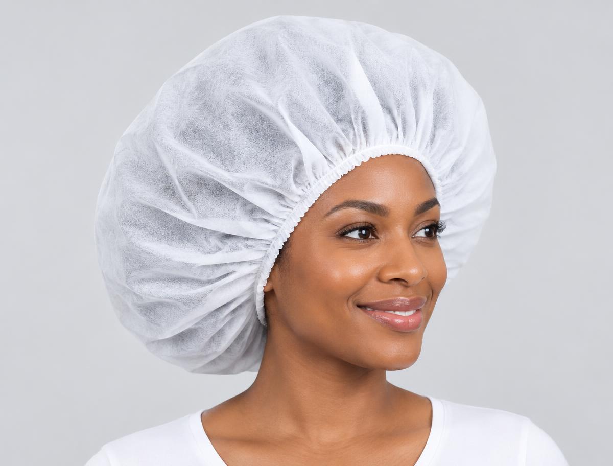 Touca afro descartável branca em uso, com ajuste elástico