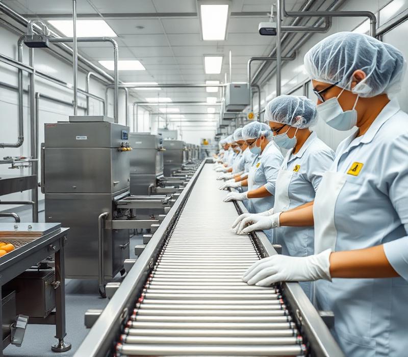 Linha de produção de alimentos com equipe uniformizada