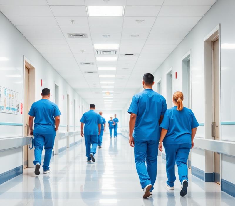 Equipe de saúde em corredor hospitalar